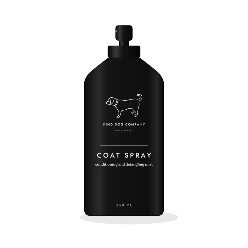 Coat Spray, black bottle with white Kind Dog Company logo