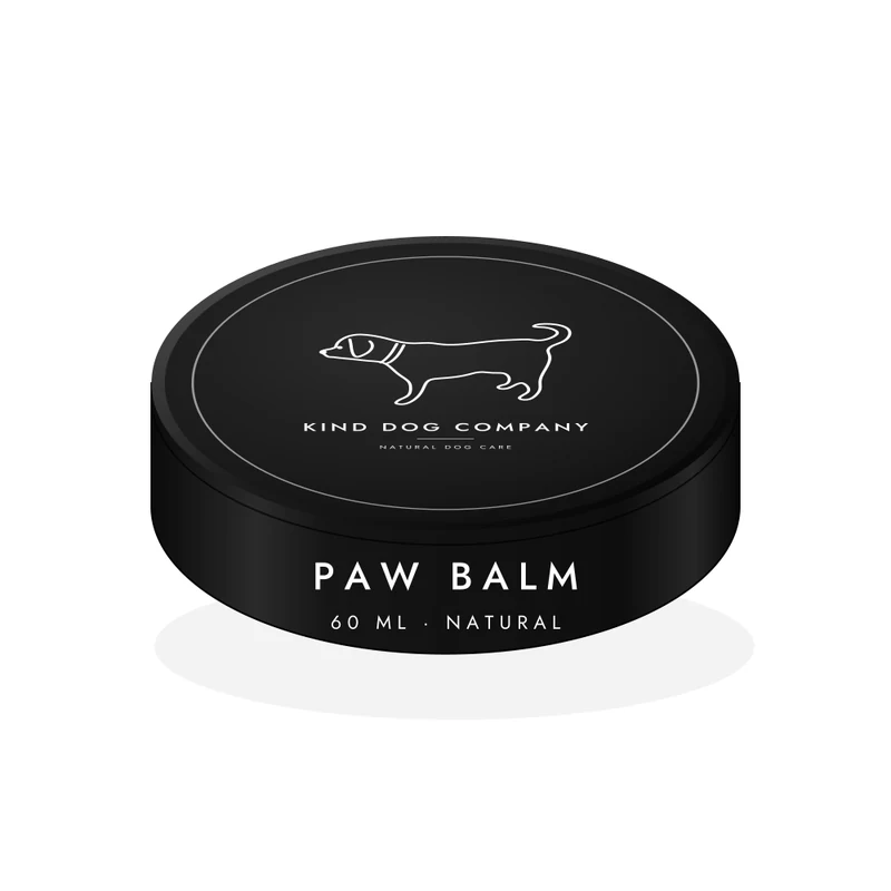 Paw Balm, black tin with the white Kind Dog Company logo of Hugo